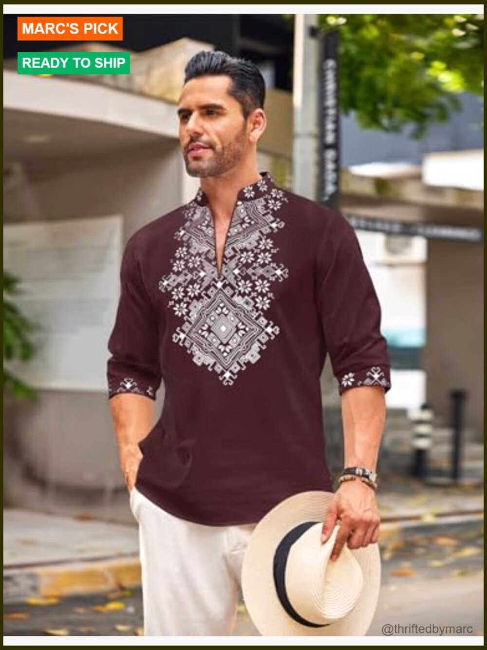Men's African Print Henley Shirt Long Sleeve Zip Up Cotton Linen - Picture 4 of 7